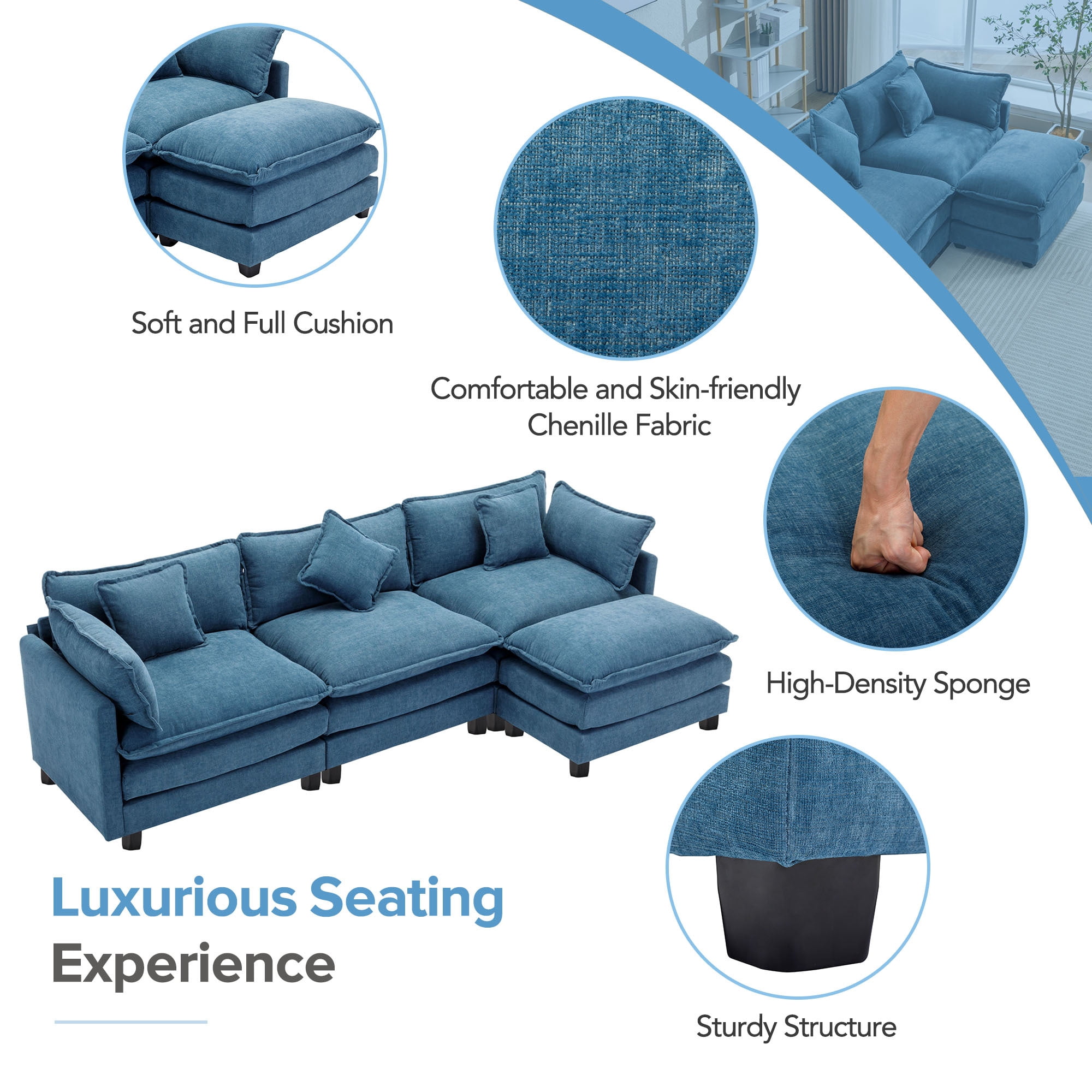 EUROCO 112.2" Modern L-Shape Sectional Sofa Couch, Chenille Upholstered Sofa with Ottoman and 5 Pillows, Indoor furniture for Living Room, Blue