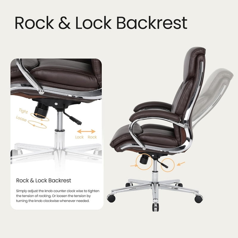 COLAMY High Back Executive Office Chair, PU Leather Computer Desk Chair with Extra Thick Padded Seat Cushion, Quiet Rubber Rolling Casters and Adjustable Tilt Tension for Home Workspace,Brown