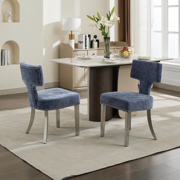 Peispie Upholstered Dining Chairs Set of 2, Fabric Kitchen Dining Room Chairs with Back, Modern Accent Side Chairs, Silver Metal Legs, Blue