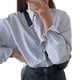 thumbnail image 4 of Bienvenido Blusa frontal con botones a rayas Bolsillo delantero Manga larga Cuello vuelto Blusa informal Camisa Blusa informal a rayas L, 4 of 8
