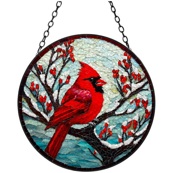 Red Cardinal on Snow Branch Stained Glass Suncatcher Handmade Window Hangings Colored Glass Suncatcher Crafts Kits for Indoor Garden Christmas Decoration 16x16cm(9)