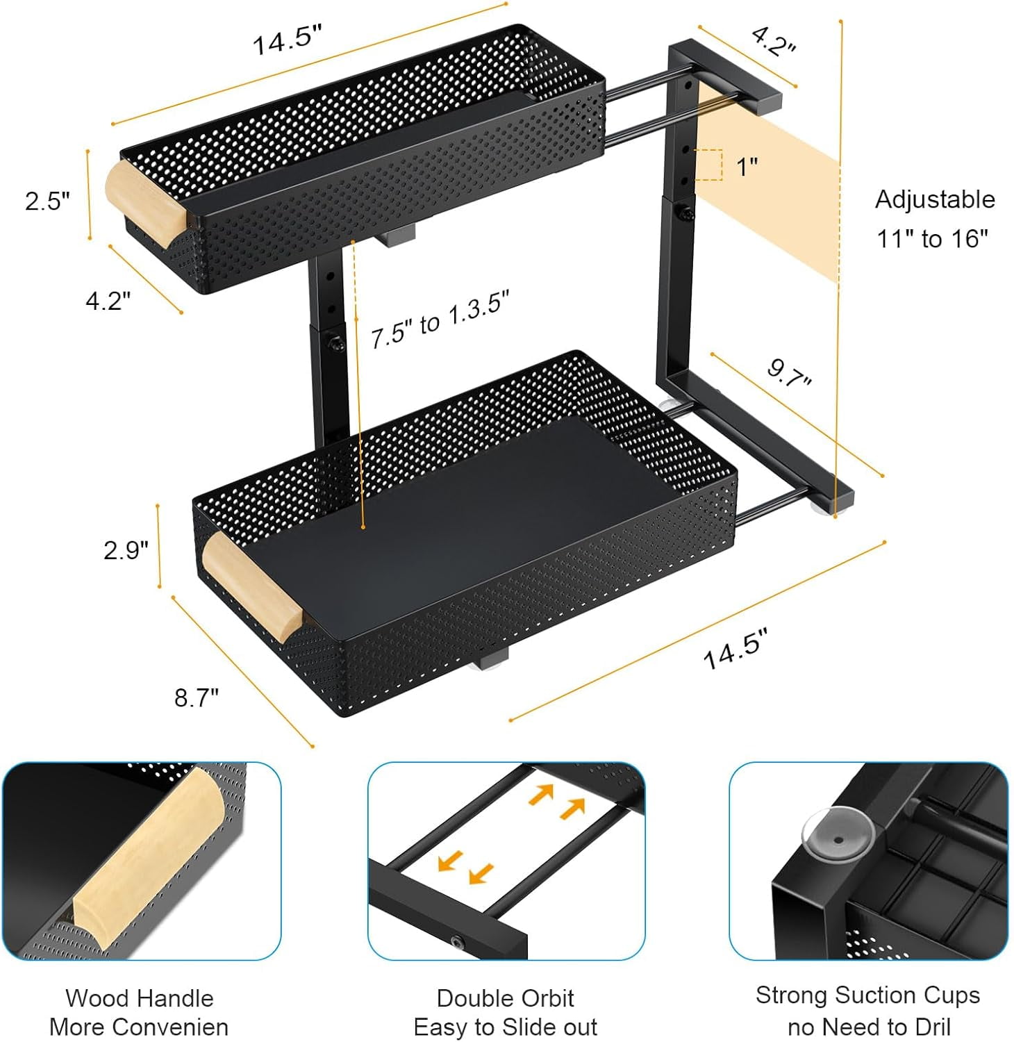 Under Sink Organizers and Storage,2 PACK 5 Height Adjustable Kitchen Cabinet Organizer,2 Tiers Pull Out Drawer Shelves Metal Slide Tray Organizer for Kitchen Bathroom
