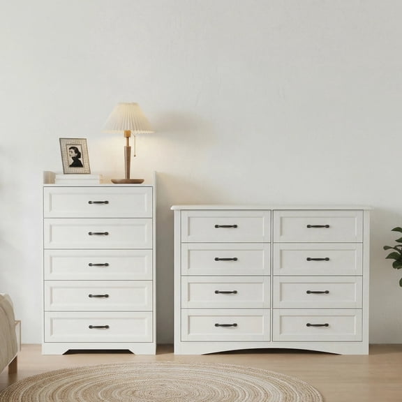 Asofer Bedroom Furniture Sets - Includes 5 Drawer Dresser & 8 Drawer Dresser, White