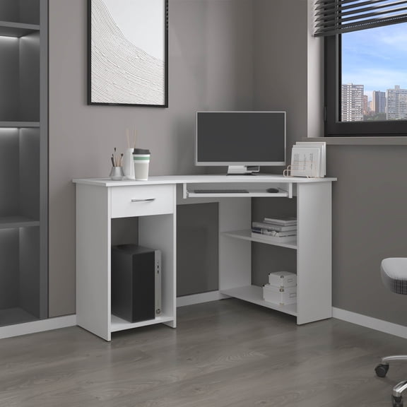 TUHOME Jasper L Shaped Desk, 47.2" Corner Computer Desk with 2 Drawers & 4 Shelves, White