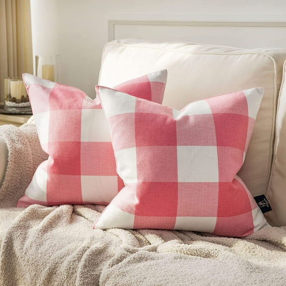 Pack of 2 Gingham Buffalo Check Plaid Throw Decorative Pillow Cover Outdoor Indoor Throw Pillows Farmhouse Square Pillow Cases for Home Decor Pink,18 x 18 Inches