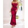 thumbnail image 3 of Merokeety Womens Summer Dresses Floral Off Shoulder Ruched Mesh Bodycon Maxi Dress Red m, 3 of 5