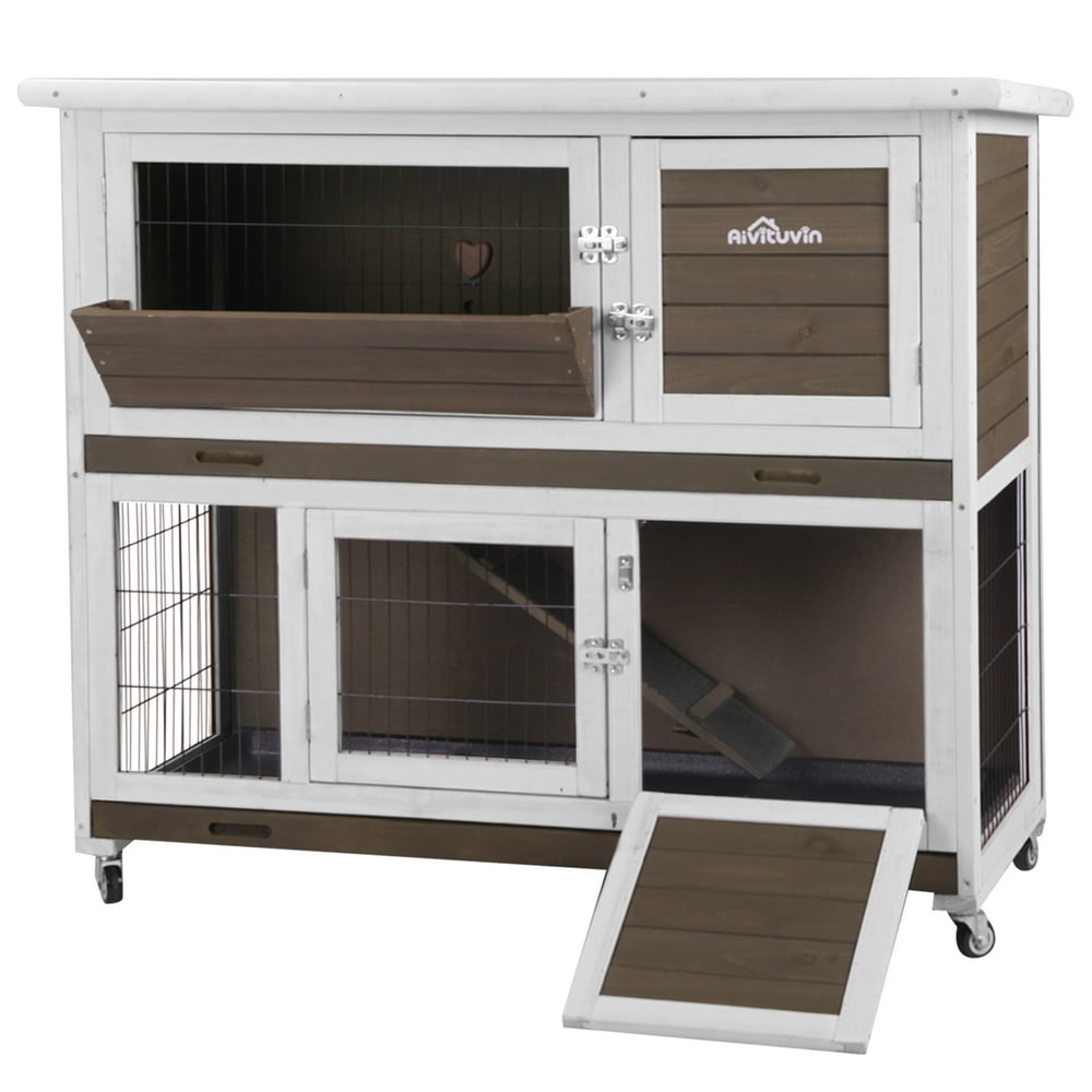 Aivituvin Wood Rabbit Hutch Indoor Bunny Cage Pet Habitat for 2 Rabbits