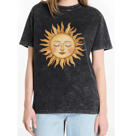 Cozymy Women's Washed Black Celestial Sun with Face Graphic Short Sleeve T-Shirt Casual Mystical Crewneck Cotton Tee
