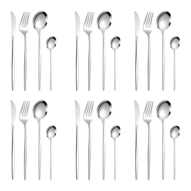 Juego de cubiertos para fiesta, cuchillo para carne, tenedores, cuchara, cucharadita, vajilla de acero inoxidable, cubiertos para cena de año Nuevo en Plata 24 piezas