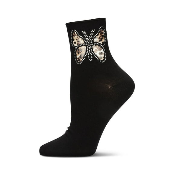 MeMoi Women's Leopard Butterfly Rhinestone Crew Socks - Womens - Female, 9-11, Black