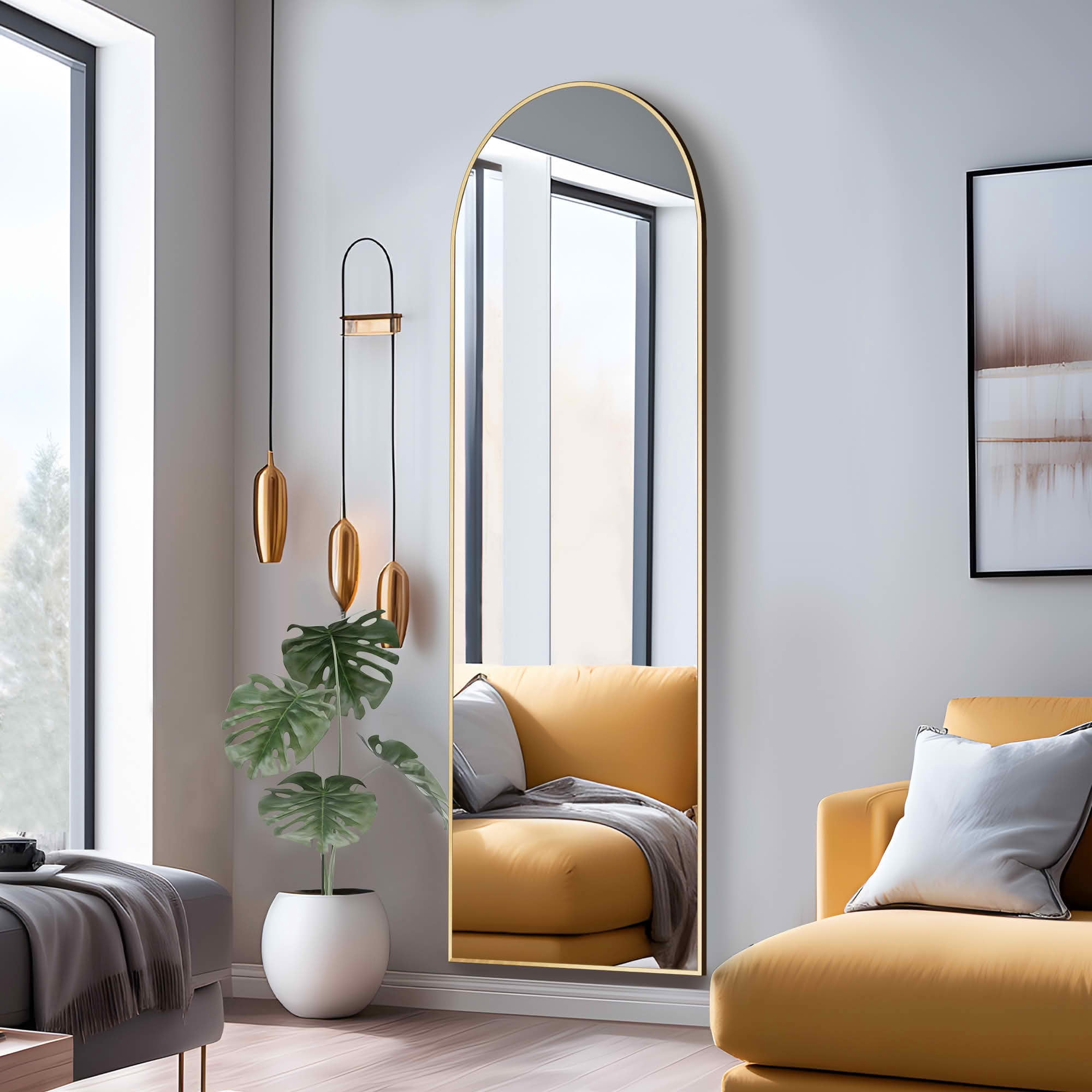 MAYEERTY 69x24x1 Inch Gold Thin Edge Aluminum Right Angle Arched Full Length Mirror with Stand for Bedroom