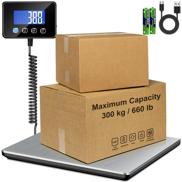 RAOYAN Shipping Scale, 660 lb / 1 oz High Accuracy Digital Postal Scale with LCD Display, Hold/Tare Function, Shipping Scale for Package, Luggage, Warehouse (Including 2 Batteries