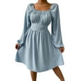 thumbnail image 1 of SAYOO Vestido de primavera para mujer, vestido de cintura alta fruncido con cuello cuadrado liso de manga larga, trajes hasta la rodilla con lazo en la cintura para mujer SAYOO  moda, 1 of 4