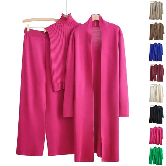 YOIAVAIOY Women Knitted Lounge Set 3 Piece Outfit Sets Mock Neck Sweater Vest Open Front Cardigan Wide Leg Pants Dressy Casual Matching Set Blue Free Size