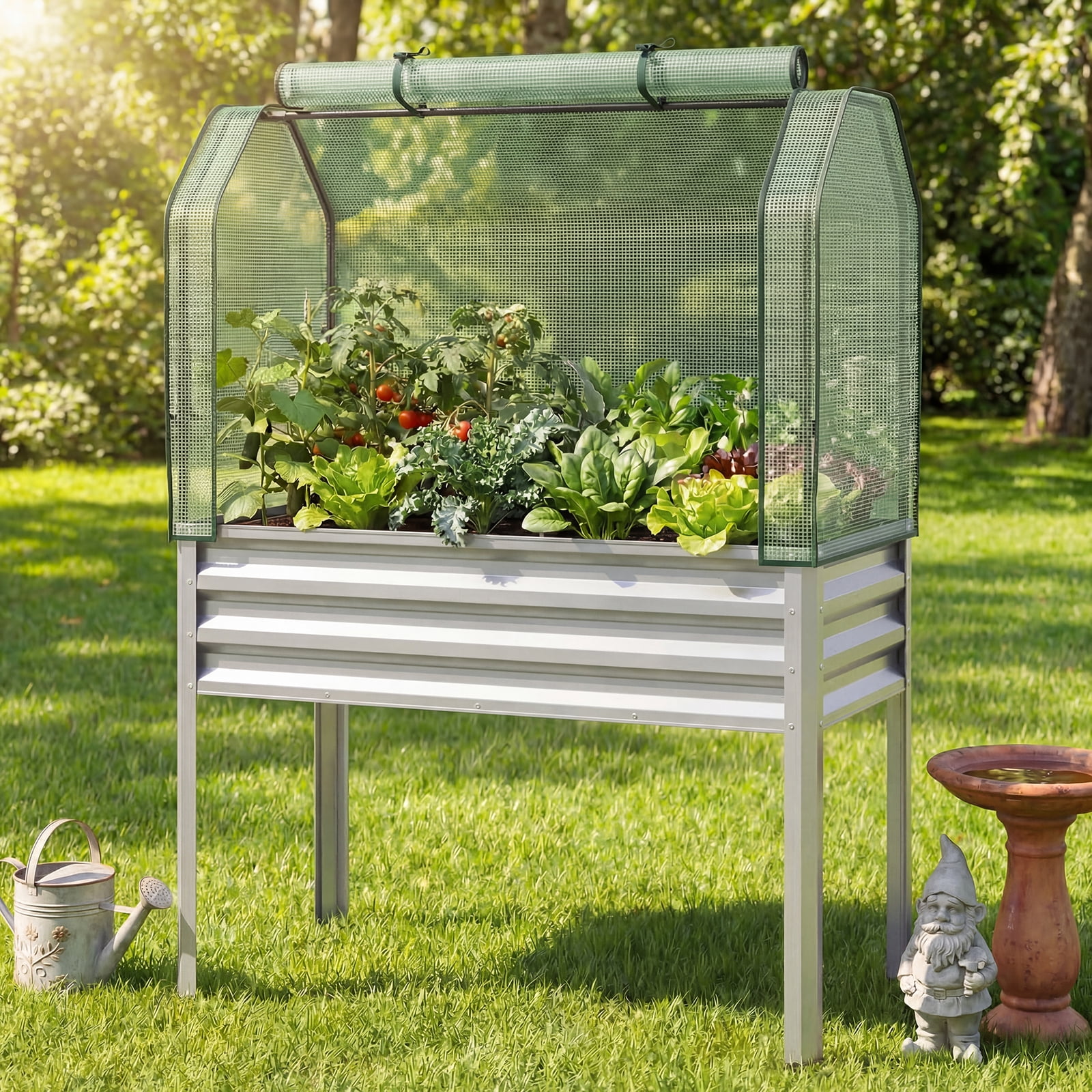 Costway 2 PCS Galvanized Raised Garden Bed with Legs Roll-up Door for Vegetable Flower Herb Silver
