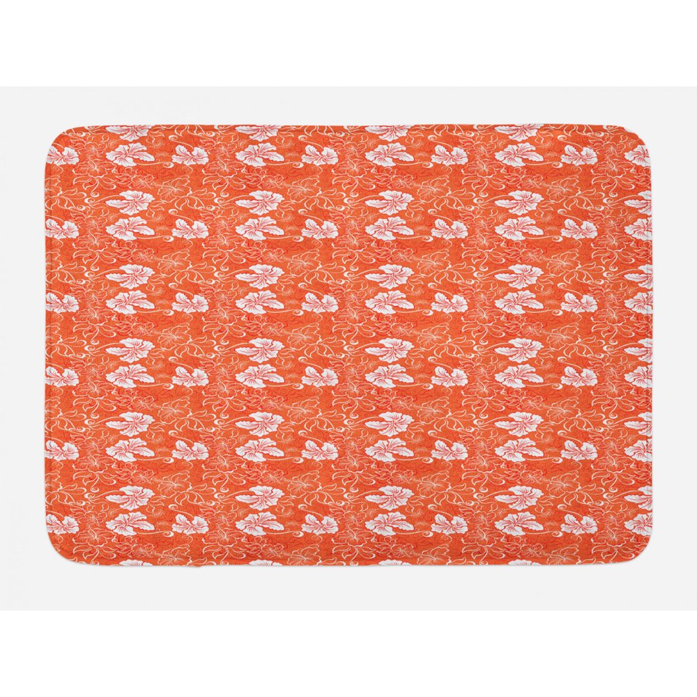 Burnt Orange Bath Mat, Hawaiian Hibiscus Pattern with Swirls and Curves