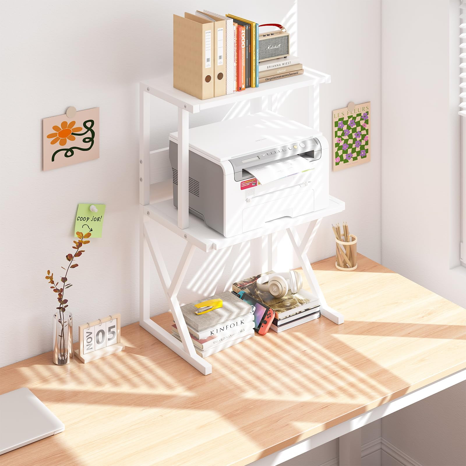 Desktop Printer Stand with 3 Tier Wood Storage Shelves,Under Desk Printer Table,Multi-Purpose Home Office Desk Organizer for Fax Machine, Scanner (White)