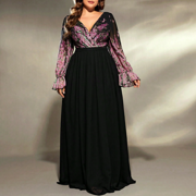 AURA Womens Plus Size V Neck Evening Dress Long Sleeve A Line Maxi Party Birthday Formal Gown