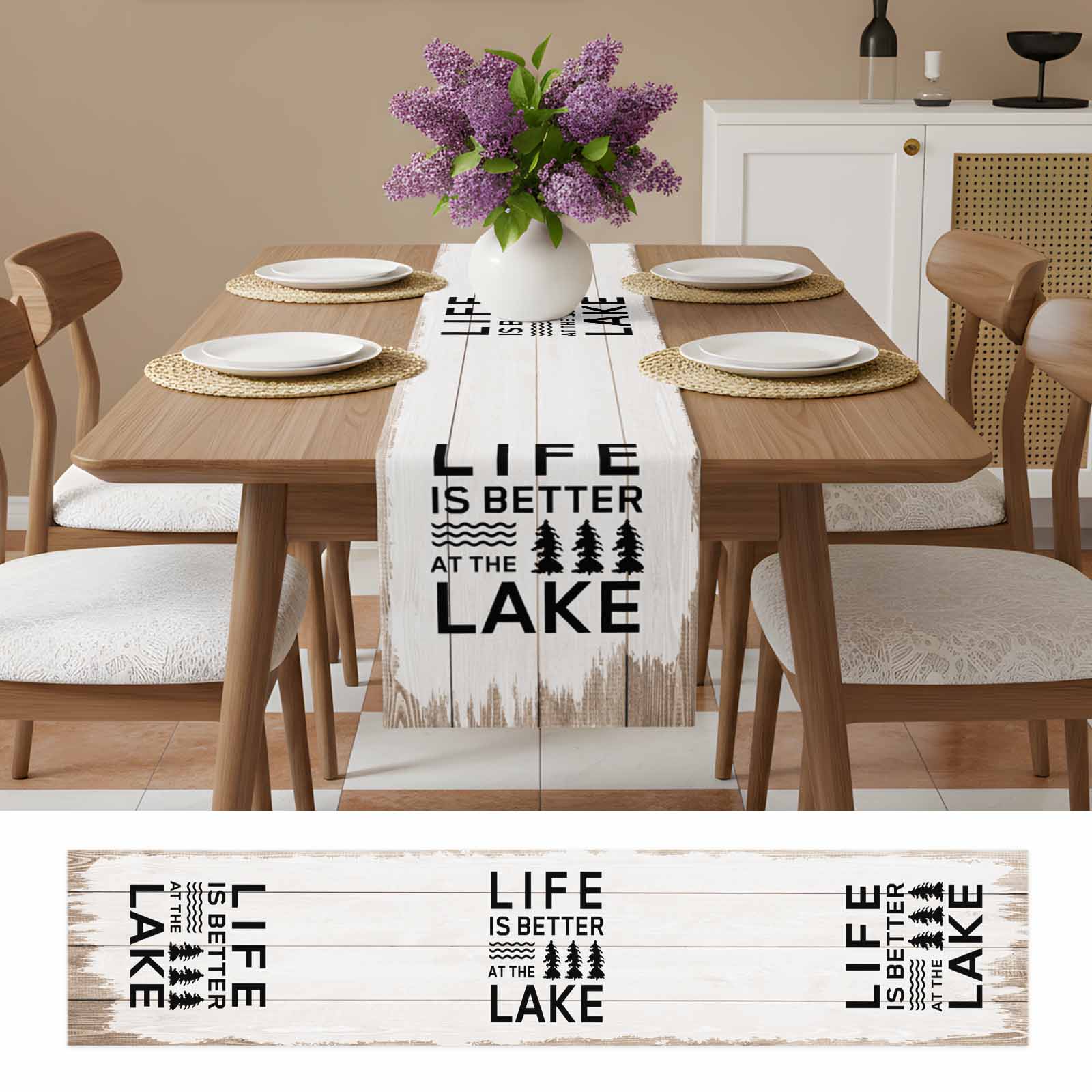 Life Is Better at The Lake Table Runner, Rustic Black Artistic Aesthetics Washable Cotton Linen Table Runners 90 Inches Long, Dresser Scarf Runner for Dining/Coffee/Kitchen/Hallway Tables 13''x90''
