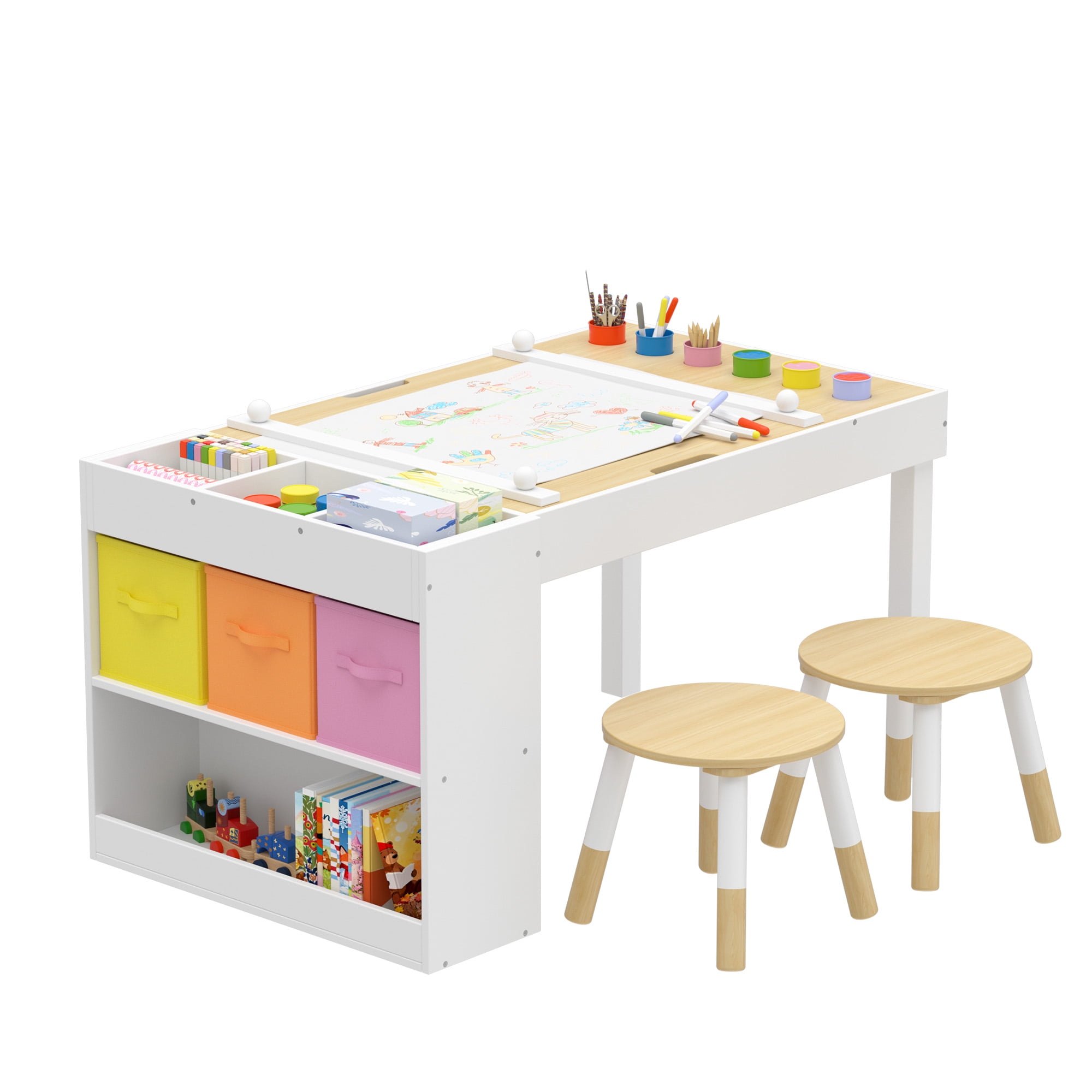 Reasea Kids Art Table with 2 Chairs - Wooden Kids Activity Desk Set Includes Baseplates, Paper Roll & Storage | 39" x 23" Craft Table for Drawing, Building & Learning