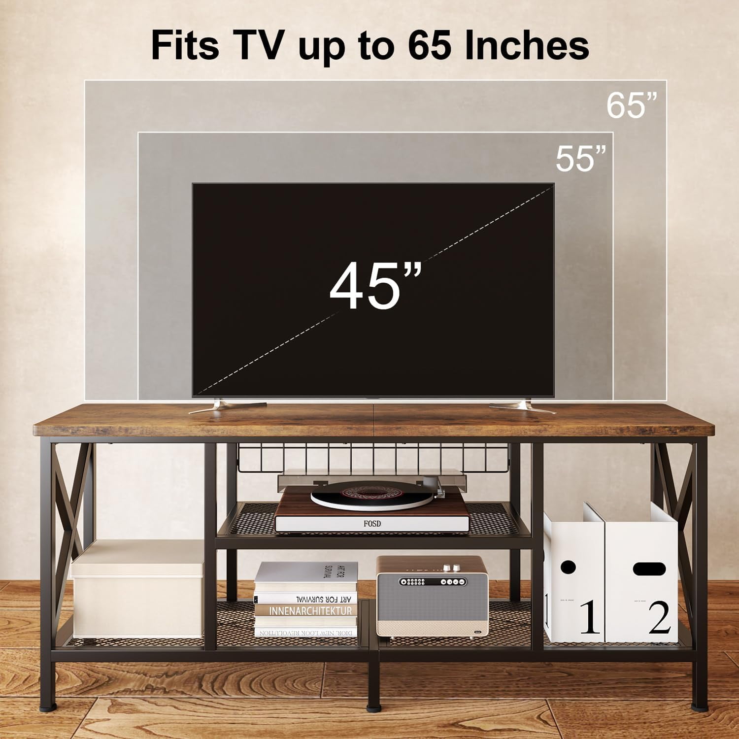 65 Inch TV Stand, 3-Tier Entertainment Center with Open Shelves, Lofka Sofa Table with Metal Frame for Living Room, Bedroom, Office, Rustic Brown(Soporte de TV)