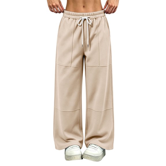 BRELIL Women Plus Size Wide Leg Elastic Waist Lounge Pants with Pockets Casual Streetwear Loose Long Trousers Solid Party Outfits, Khaki XL