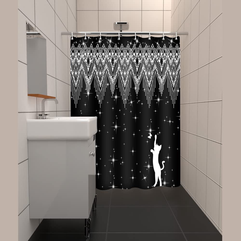 Glitter Stall Bath Shower Curtain Black Bobo Fringe Geometric Bathroom Curtain Water-Repellent Fabric with Hook Size 36"x72" Shower Curtains for Home Bathtubs Decoration