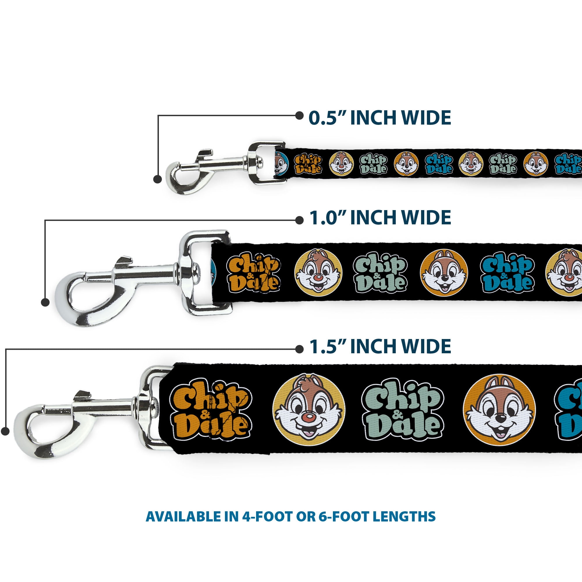 Disney Pet Leash, Dog Leash, Chip and Dale Expression Bubbles Black Multi Color, 6 Feet Long 1.0 Inch Wide
