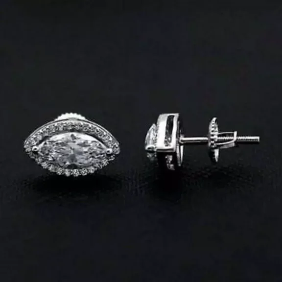 3Ct Marquise Cut Real Moissanite Halo Stud Earrings sterling sliver