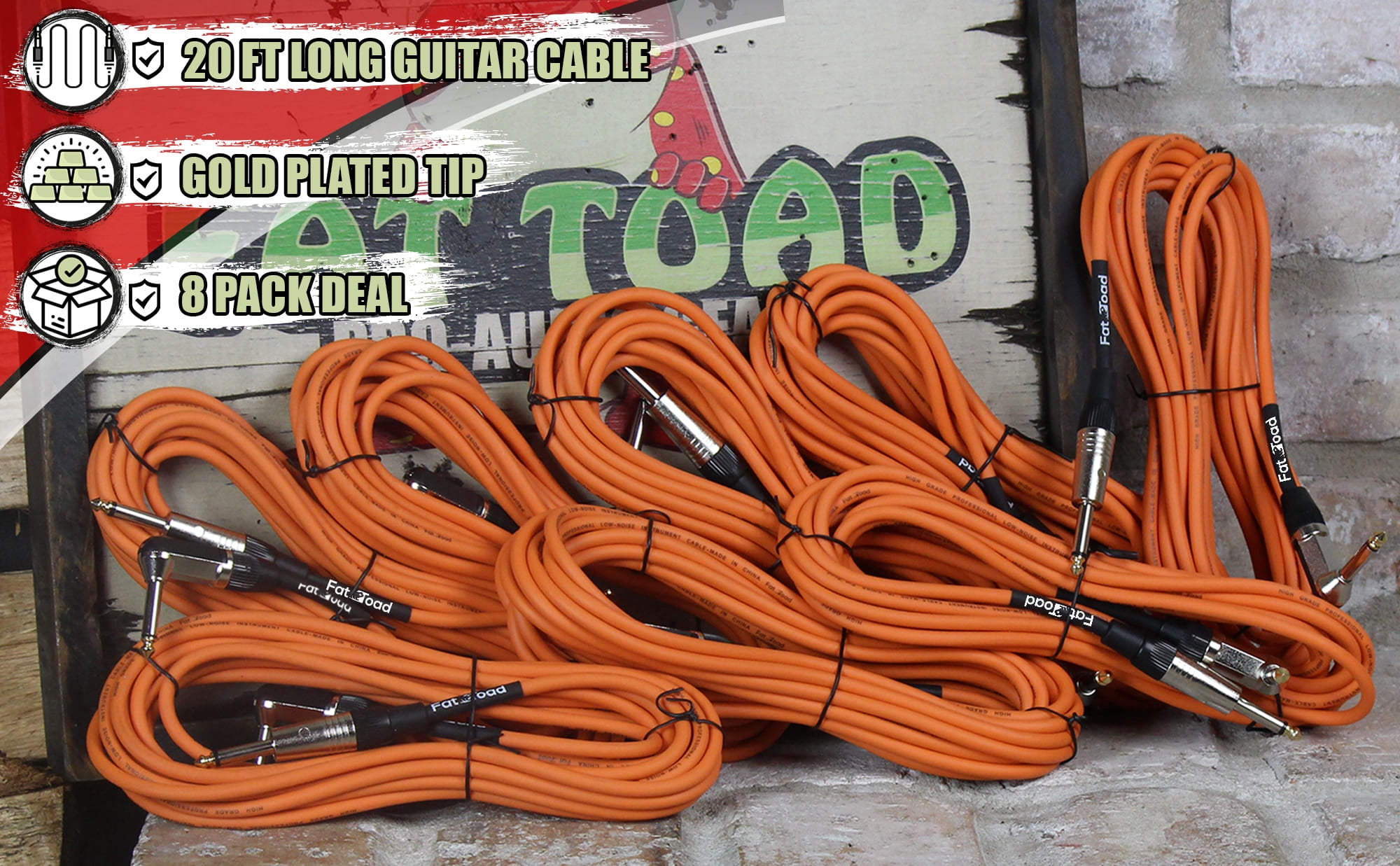 8 PACK - Guitar Cables Right Angled Instrument Cords by Fat Toad 20FT 1/4 Quarter Inch Straight-End 24 GA Wires for Electric Guitar Pedal, Bass, Keyboards, Speaker Amplifier & Audio Studio Recording