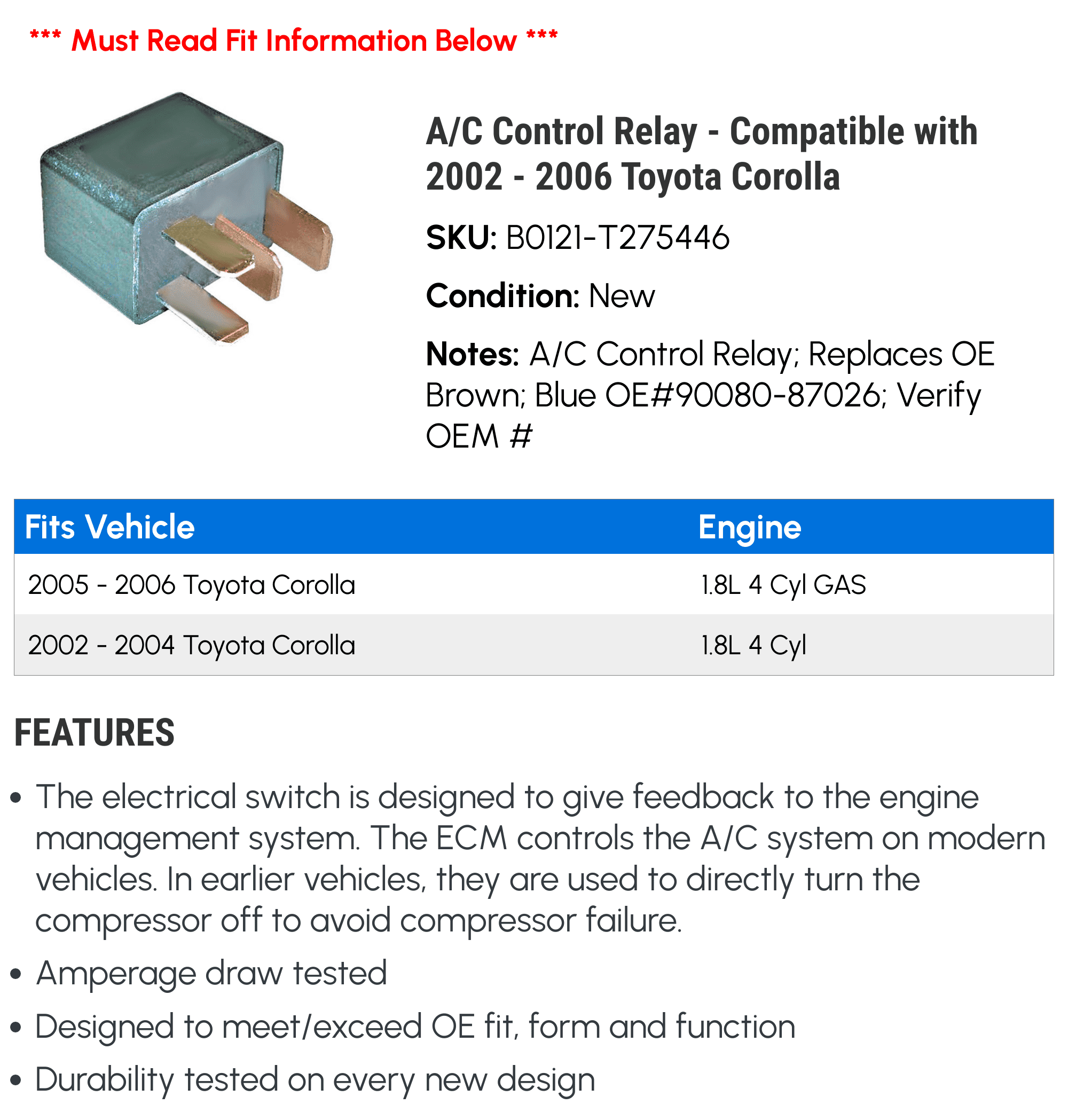 A/C Control Relay - Compatible with 2002 - 2006 Toyota Corolla 2003 2004 2005