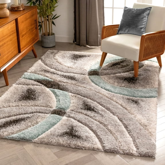 Well Woven San Francisco Oahu Blue Modern Geometric Arcs And Shapes 7'10" x 9'10" Shag 3D Textured Area Rug