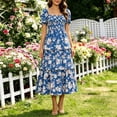thumbnail image 5 of Women's Puff Sleeve Summer Vacation Maxi Dress, Boho Floral Print Square Neck Layered Wedding Guest Beach Dresses, 5 of 8