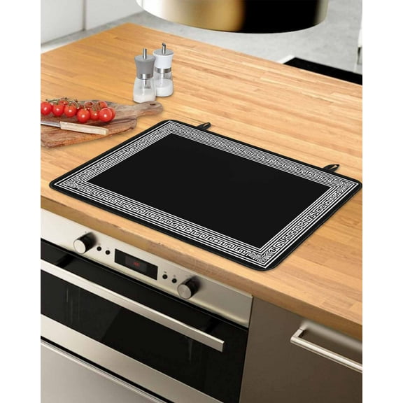 nqOlkjepod Large Induction Cooktop Protector Mat 31"x24", Black Geometric Stove Top Covers for Electric Stove, Country Farm Traditional Chinese Tile Stove Burner Cover Mats, Glass Top Stove Cover