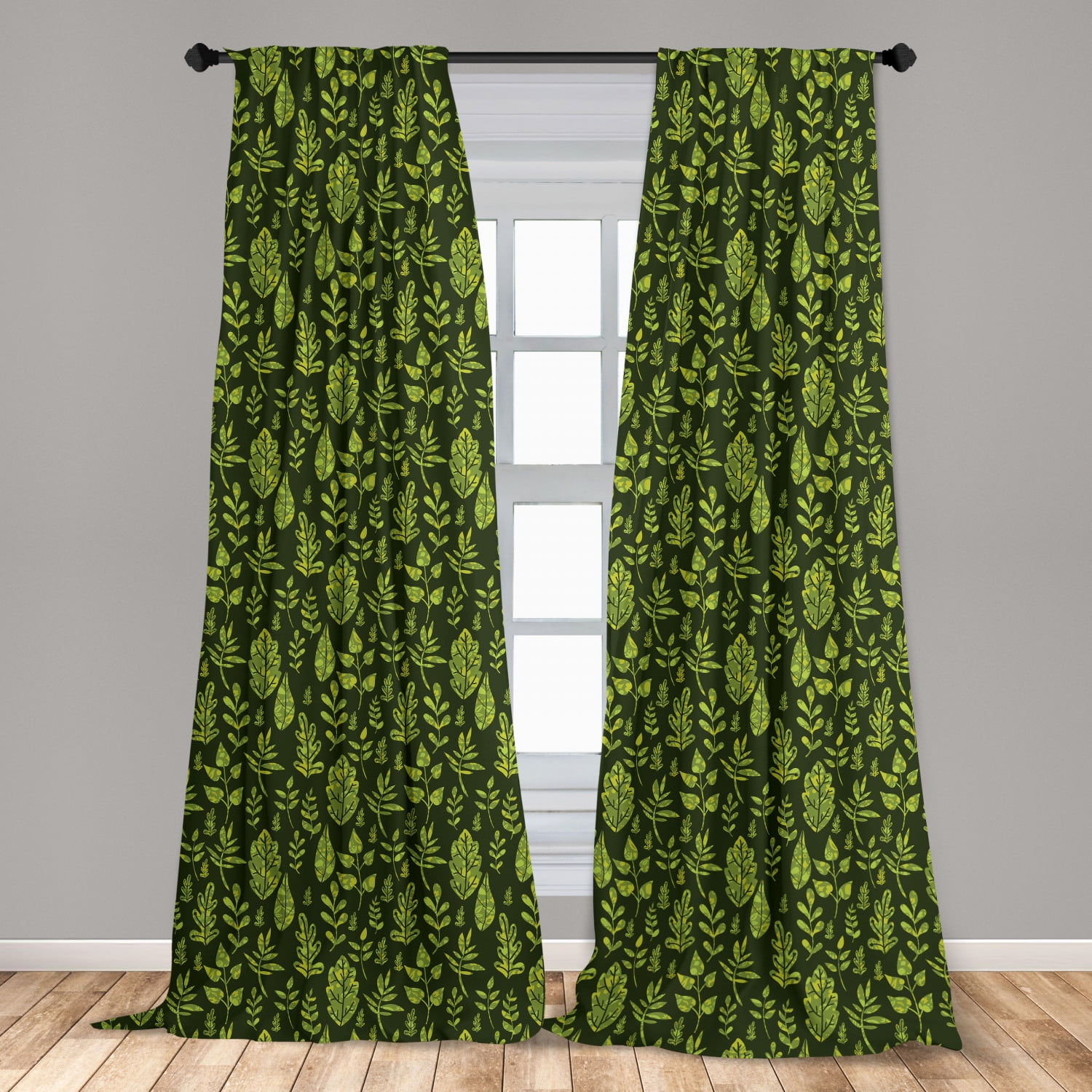 Sage Curtains 2 Panels Set, Patterned Green Leaves Nature Inspired Composition Fresh Trees