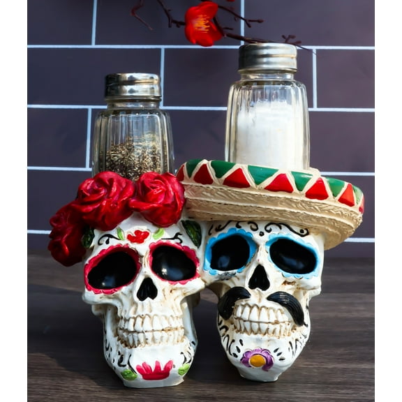 Day Of The Dead Sugar Skulls Roses And Sombrero Hat Salt & Pepper Shakers Holder