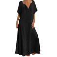thumbnail image 2 of Puntoco Vestido De Manga Corta Con Cuello En V, Falda Larga Suelta De Color Sólido Informal Para Mujer De Encaje Negro Xxl, 2 of 6