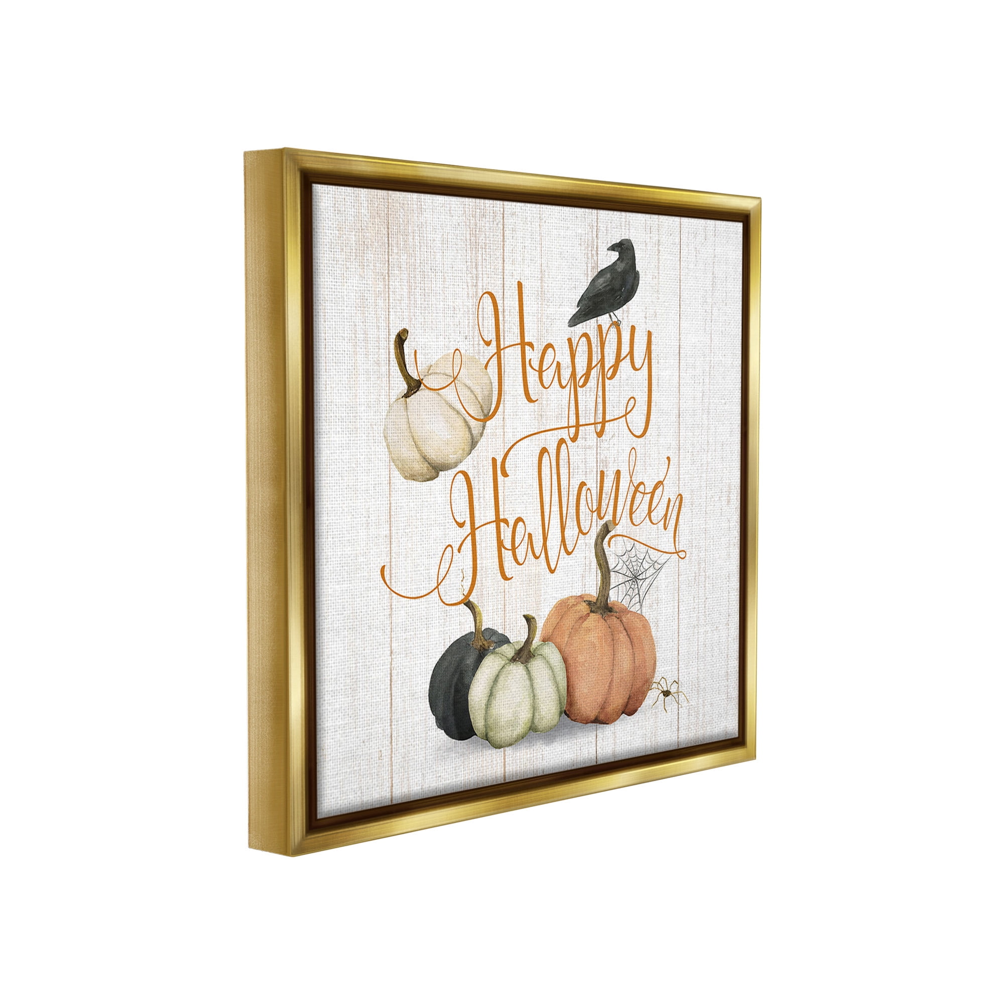 Stupell Industries Rustic Happy Halloween Holiday Painting Gold Floater Framed Canvas Art Print Wall Art, 25 x 25