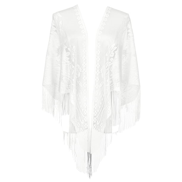 Chales y envolturas INSPIRE CHIC para vestidos de noche, bufandas triangulares de encaje con flecos y borlas para mujeres en bodas y fiestas formales 74.8x28.3" blancas