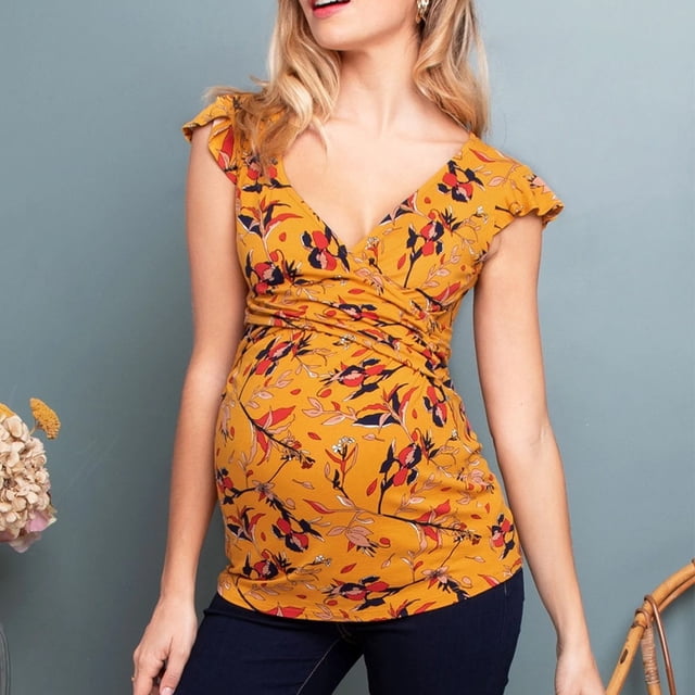 EGNMCR Blouse à Rayures Imprimée à Col en V à Manches Courtes pour Femmes Enceintes, Blouse pour Femmes Enceintes