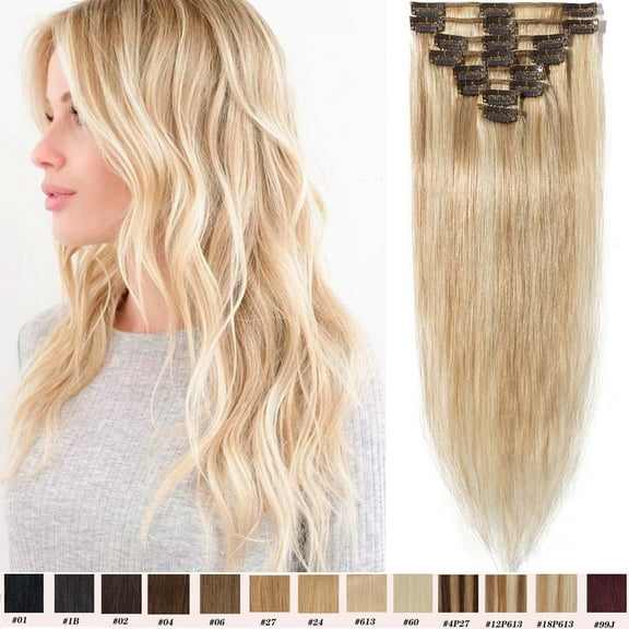 SEGO Clip in Hair Extensions Human Hair Full Head 100% Real Remy Thick Hair Extensions Silky Straight Balayage Blonde Hair Pieces