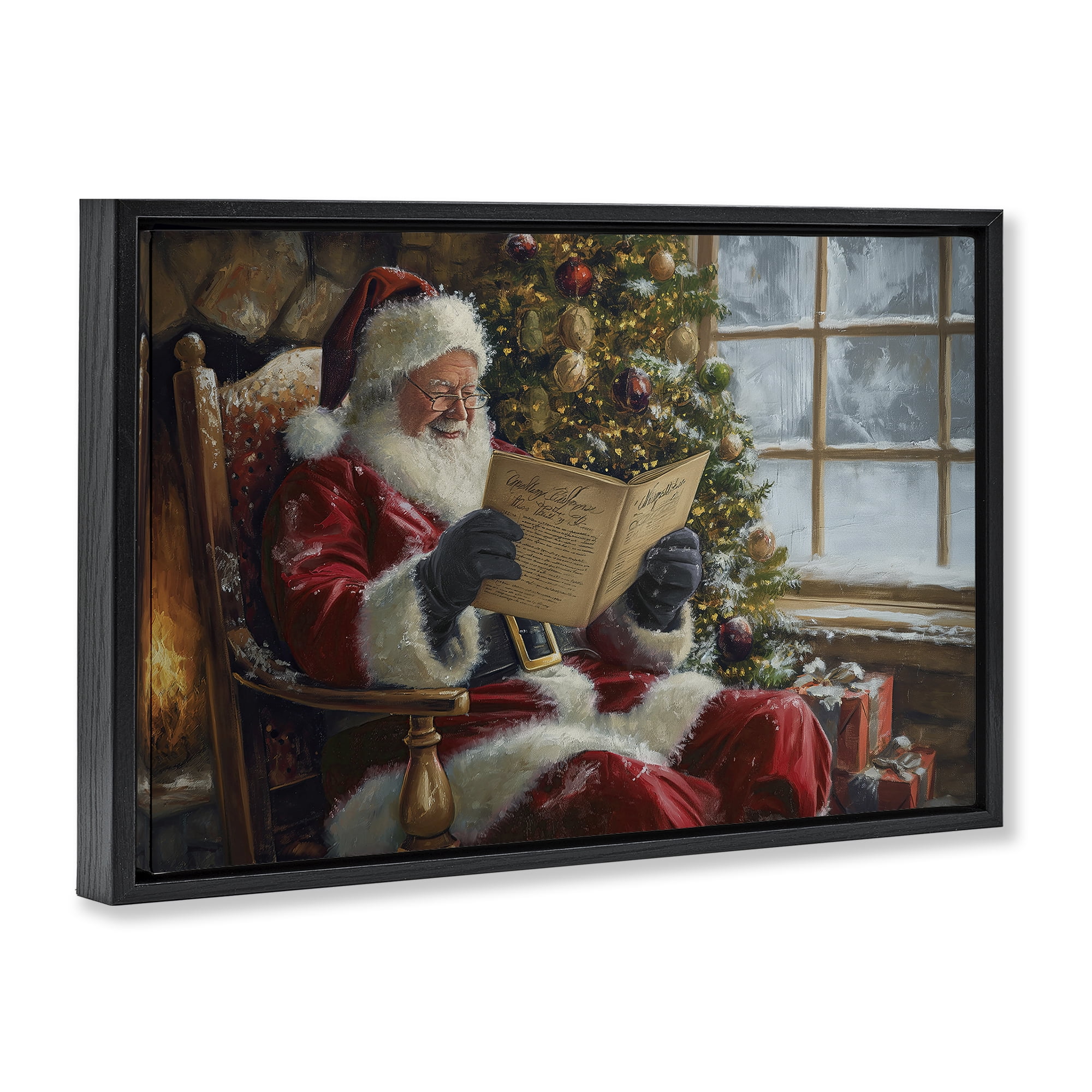 Stupell Industries Cheerful Santa Reading Holiday Painting Black Floater Framed Canvas Art Prints Wall Art, 31 x 21