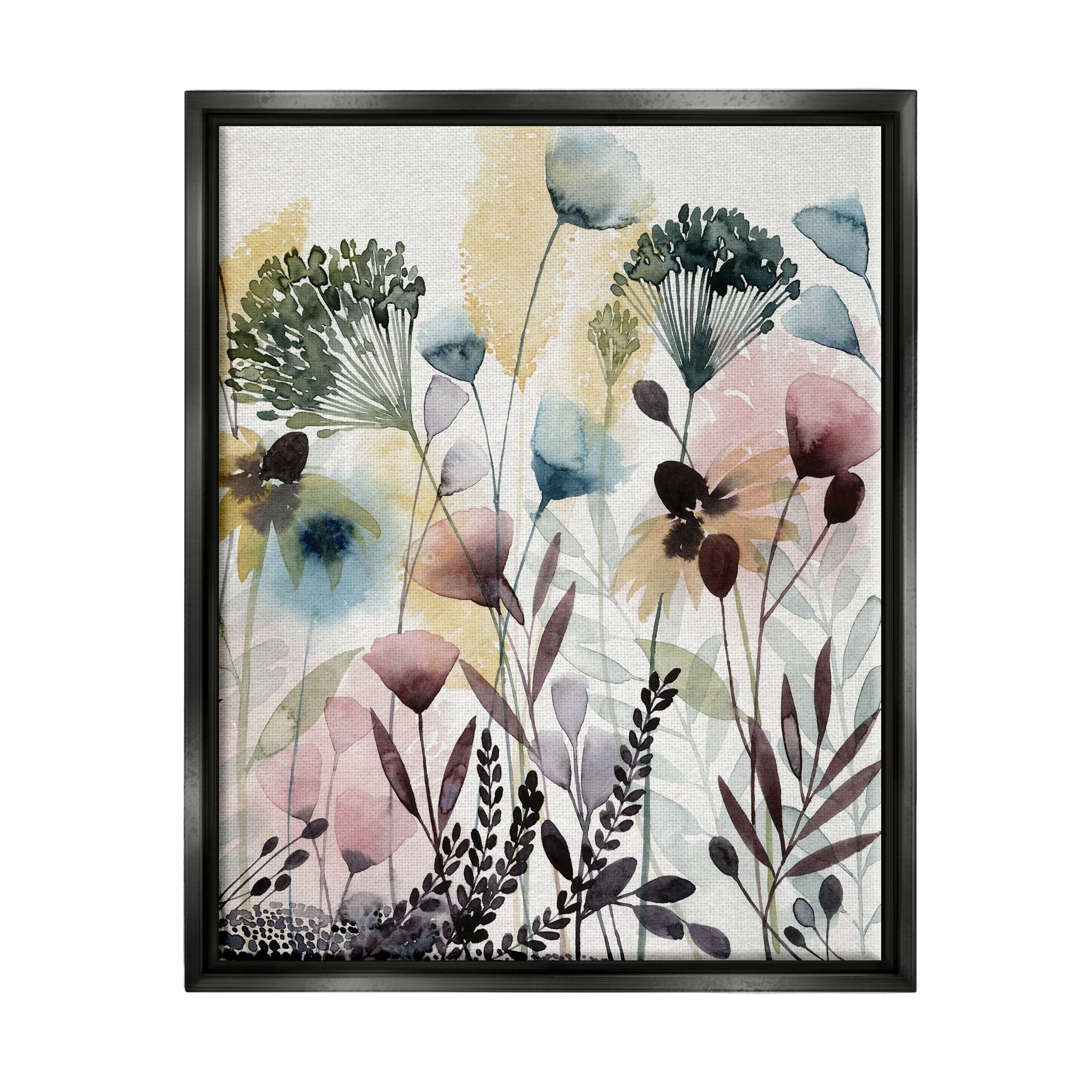 Stupell Industries Wild Florals Opaque Layers Soft Watercolor Pink Blue Jet Black Framed Floating Canvas Wall Art, 24x30, by Grace Popp
