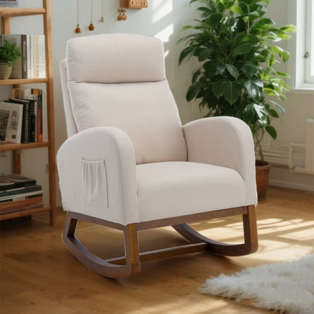 YIYADO Modern Rocking Chair with Wood Legs, Glider Recliner Armchair for Nursery, Living Room, and Bedroom, High Back Accent Chair with Side Pocket for Relaxation