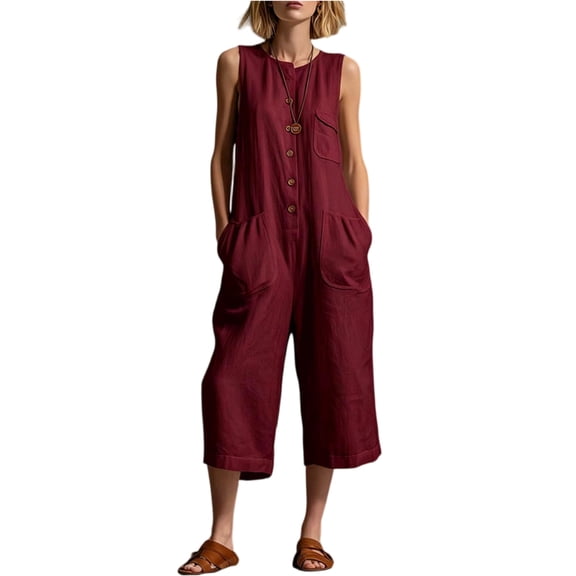 JULMCOMO Jumpsuits for Women Crew Neck Button Down Casual Bib Overalls Sleeveless Retro Wide Leg Capri Jumpsuit with Pockets Wine M