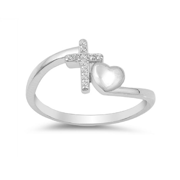 Clear Cubic Zirconia Cross And Plain Heart Design Ring Sterling Silver
