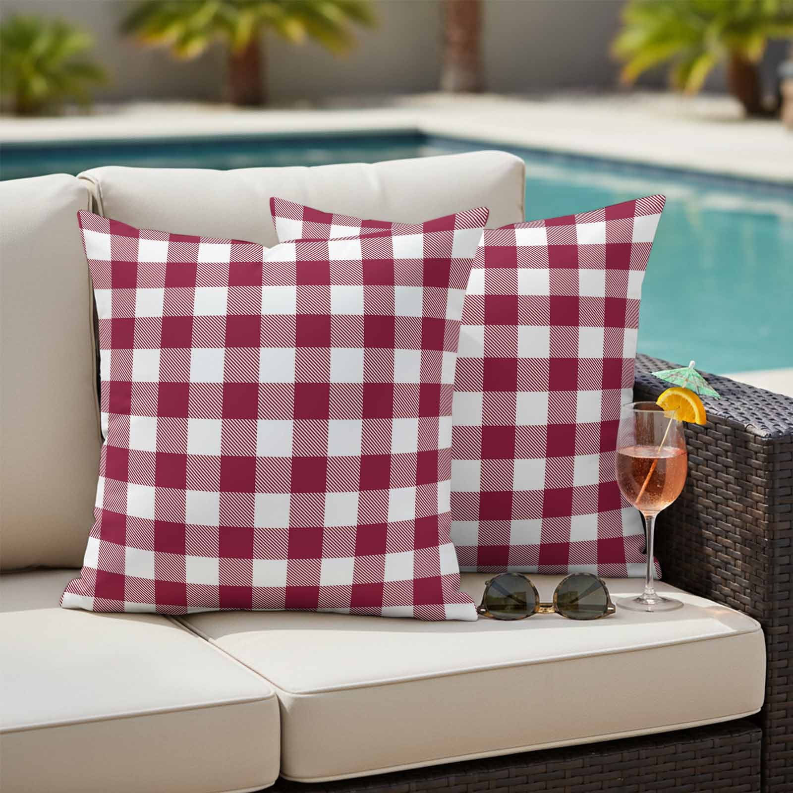 Outdoor Pillow Covers Wine Red and White Plaid Waterproof Pillow Cases 18x18 Set of 2, Modern Rustic Throw Pillow Cover Pillowcase for Patio Balcony Couch Garden