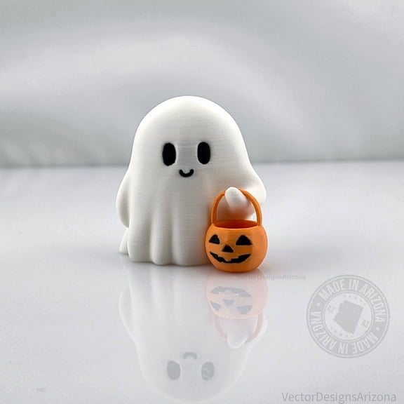 Trick-or-Treat Ghost Figurine with Pumpkin Bucket, 3D Printed Halloween Decor, 2 in Tall, 1 Ghost, White
