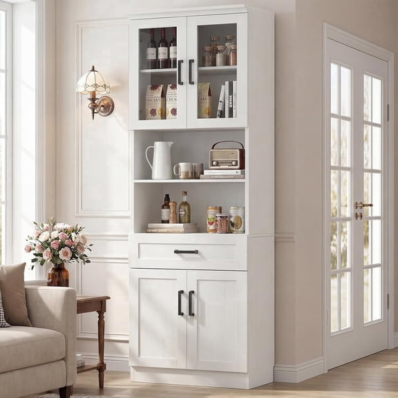79.7'' Tall Pantry Storage Cabinet, iSunirm 23.6'' Width Storage Cabinet with Glass Doors, Drawer and Adjustable Shelves, White