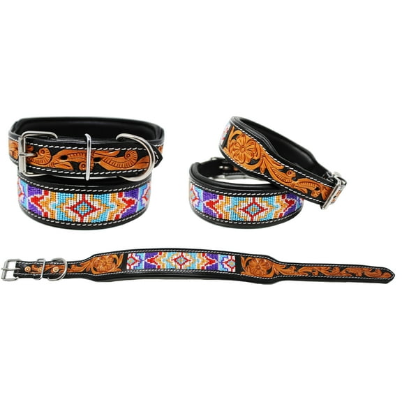 Small 13''- 17'' Padded Leather Dog Collar Beaded Floral Hand Tooled 60172